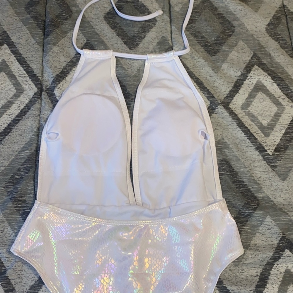 NWOT white fluorescent mermaid style halter one piece bathing suit - Picture 5 of 6